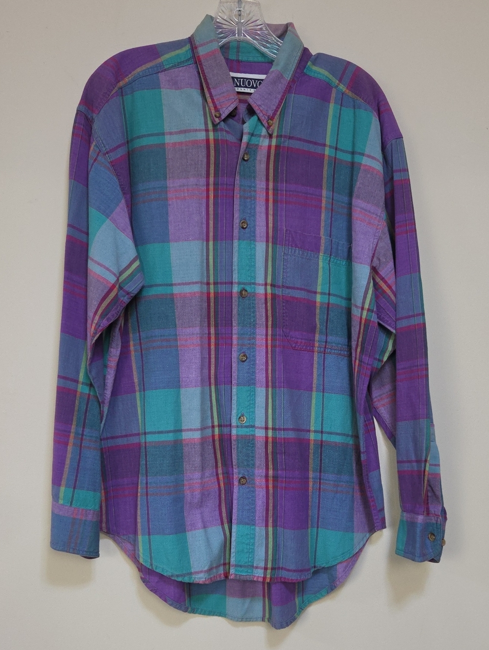 Vth 90s NUOVO Men's Teal and Purple Plaid Button-Down Shirt